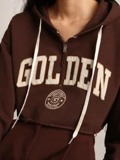 Sale Moletom cropped com capuz Coleção Journey na cor marrom castanha com inscrição Golden branca em contraste MULHER Moletons