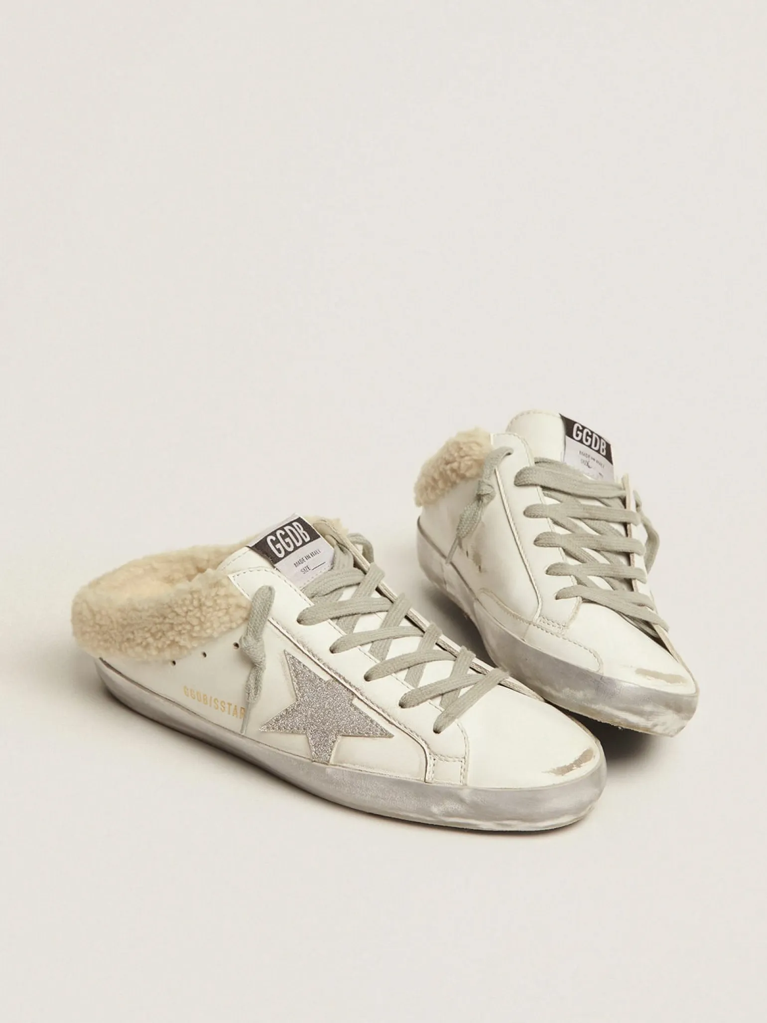 Sale Mule Super-Star de couro branco e forro de shearling MULHER Super-Star Sabot