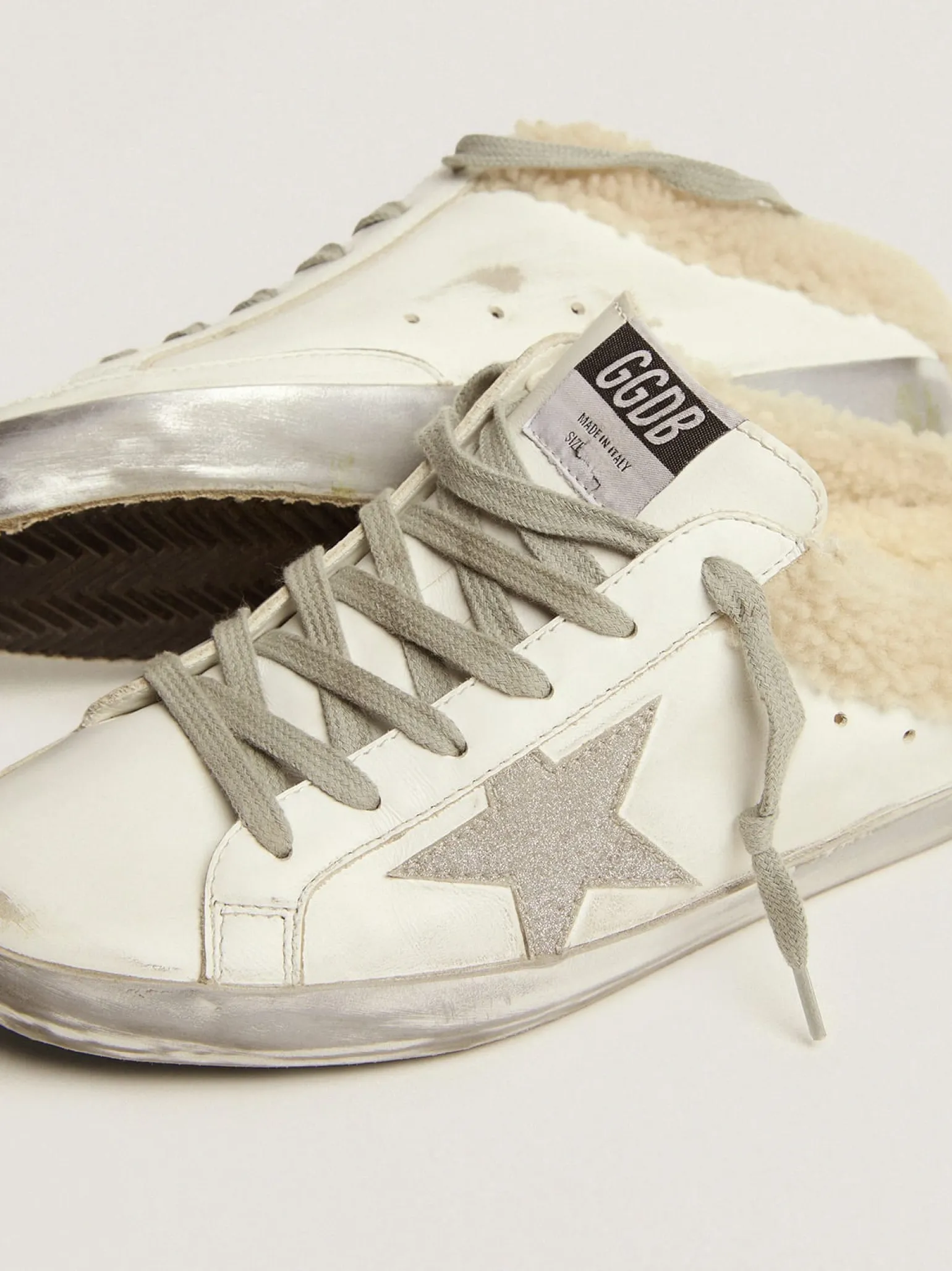Sale Mule Super-Star de couro branco e forro de shearling MULHER Super-Star Sabot