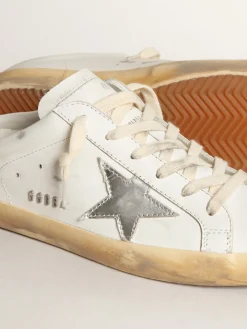 Cheap Mule Super-Star de couro branco com estrela de couro metálico prateado MULHER Super-Star Sabot