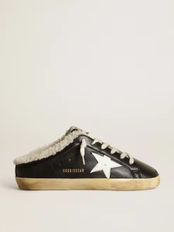 New Mule Super-Star de napa preta com estrela de couro branco e forro de shearling bege MULHER Super-Star Sabot