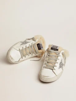 Store Mule Super-Star feminino de couro branco e forro de shearling MULHER Super-Star Sabot