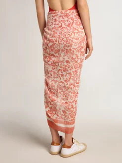 Fashion Pareô de voile de algodão com estampa branca e vermelho coral all-over MULHER Beachwear