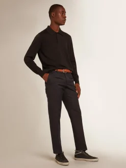 Clearance Polo masculina de manga comprida de lã merino preta Camisetas