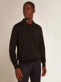 Clearance Polo masculina de manga comprida de lã merino preta Camisetas
