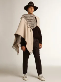 Cheap Poncho de lã dupla face na cor creme com estampa xadrez e inscrição MULHER Malhas|Malhas