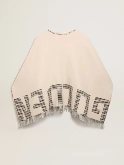 Cheap Poncho de lã dupla face na cor creme com estampa xadrez e inscrição MULHER Malhas|Malhas