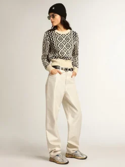 Shop Pulôver cropped gola redonda, estampas geométricas pergaminho e azul MULHER Malhas