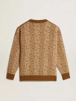 Online Pulôver de gola redonda com estampa lettering-jacquard verde-oliva Malhas