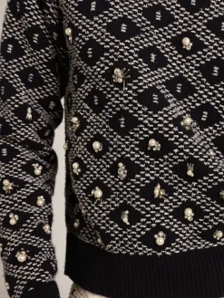 Store Pulôver feminino de gola redonda com motivos geométricos brancos e azuis MULHER Malhas