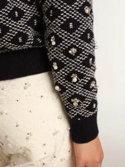 Store Pulôver feminino de gola redonda com motivos geométricos brancos e azuis MULHER Malhas