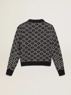 Store Pulôver feminino de gola redonda com motivos geométricos brancos e azuis MULHER Malhas