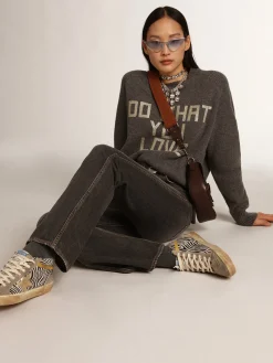 Cheap Pulôver feminino de gola redonda cinza com inscrição de glitter MULHER Malhas