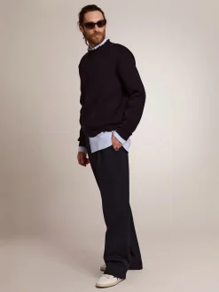 Clearance Pulôver masculino de gola redonda de algodão azul-escuro Malhas