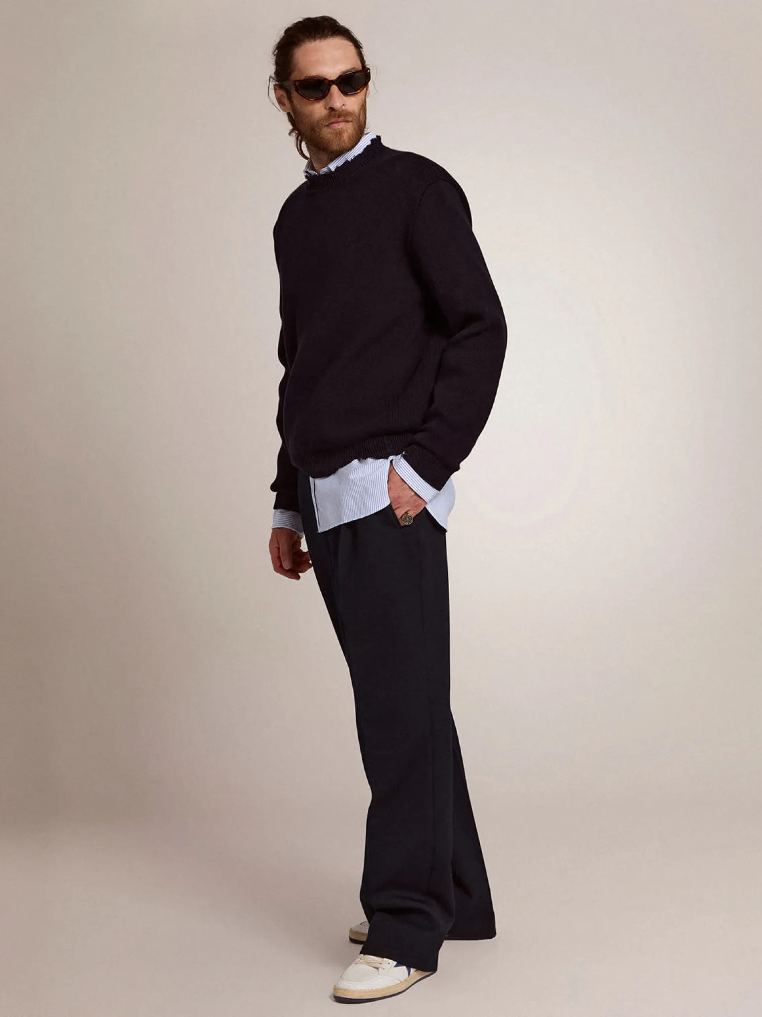Clearance Pulôver masculino de gola redonda de algodão azul-escuro Malhas