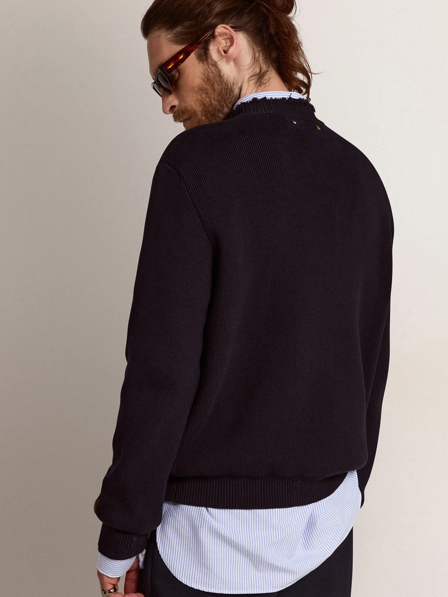 Clearance Pulôver masculino de gola redonda de algodão azul-escuro Malhas