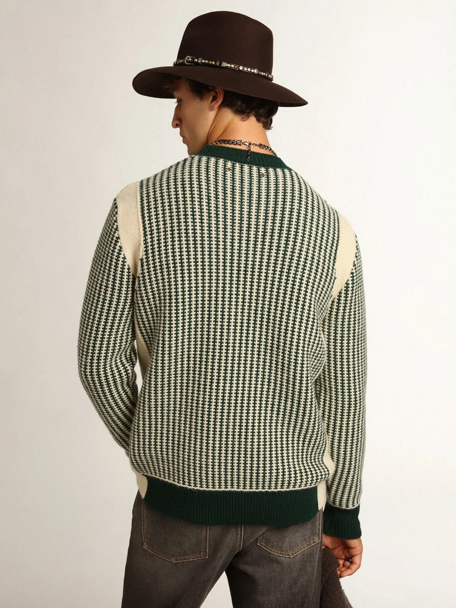 Flash Sale Pulôver masculino de gola redonda de lã bicolor branca e verde Malhas