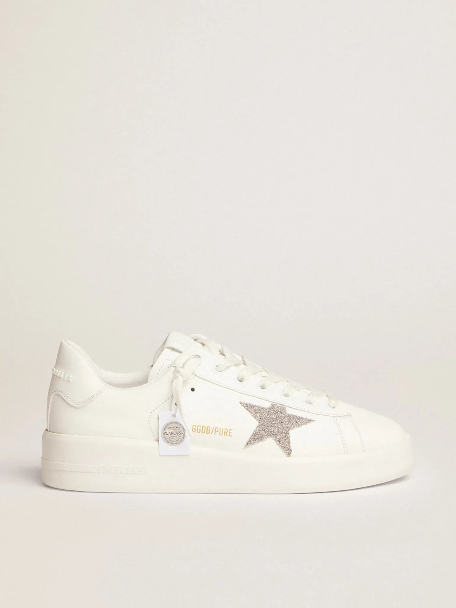 Fashion Purestar feminino de couro branco com estrela de cristais prateados MULHER Purestar