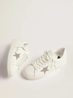 Fashion Purestar feminino de couro branco com estrela de cristais prateados MULHER Purestar