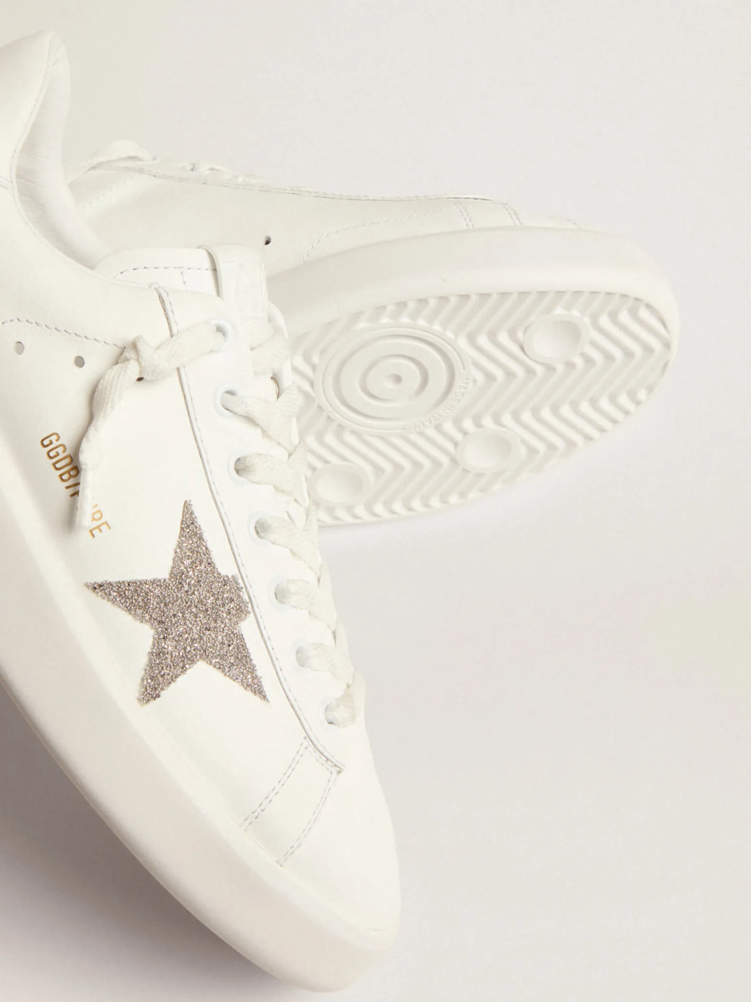 Fashion Purestar feminino de couro branco com estrela de cristais prateados MULHER Purestar