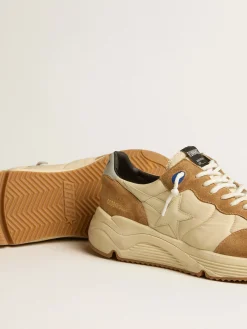 Hot Running Sole de náilon marfim e suede tabaco com estrela de couro marfim Running Sole
