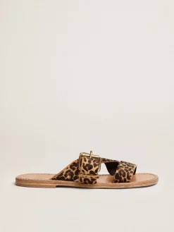 Hot Sandália rasteira Feminina de couro cavalinho com estampa de leopardo MULHER Sapatos|Beachwear