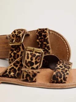 Hot Sandália rasteira Feminina de couro cavalinho com estampa de leopardo MULHER Sapatos|Beachwear