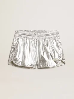 Best Short de corrida feminino de tecido prateado MULHER Saias e Shorts