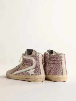 Clearance Slide de glitter lilás com estrela e lista de couro branco MULHER Slide