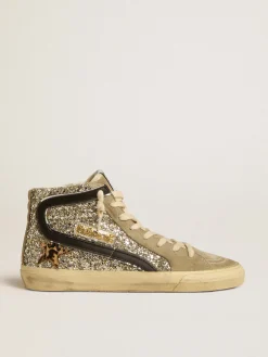 Cheap Slide de glitter platinado com estrela de cavalinho leopardo e lista preta MULHER Slide