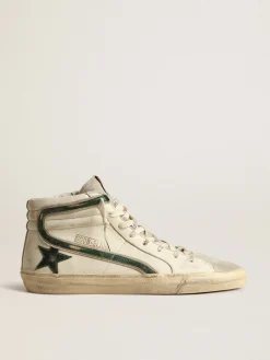 Fashion Slide de napa bege com estrela e lista de couro metálico verde Slide