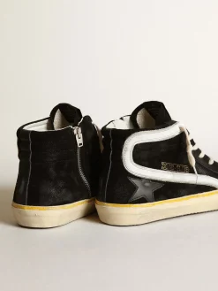 Sale Slide Penstar masculino de suede preto com estrela e lista brancas Slide