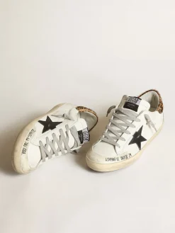 Outlet Super-Star com estrela de couro preto e talão de couro cavalinho com estampa de leopardo MULHER Super-Star
