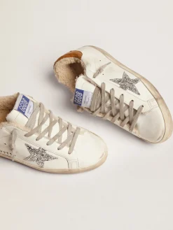Discount Super-Star feminino com forro de shearling e estrela de glitter prateado MULHER Super-Star