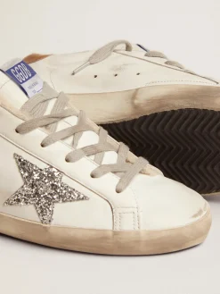 Discount Super-Star feminino com forro de shearling e estrela de glitter prateado MULHER Super-Star