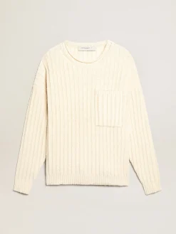 Cheap Suéter de gola redonda de linha de algodão misto cor de papiro Malhas