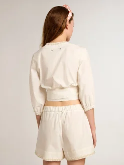 Clearance Top cropped de algodão com bordado de pérolas MULHER Beachwear|Camisas